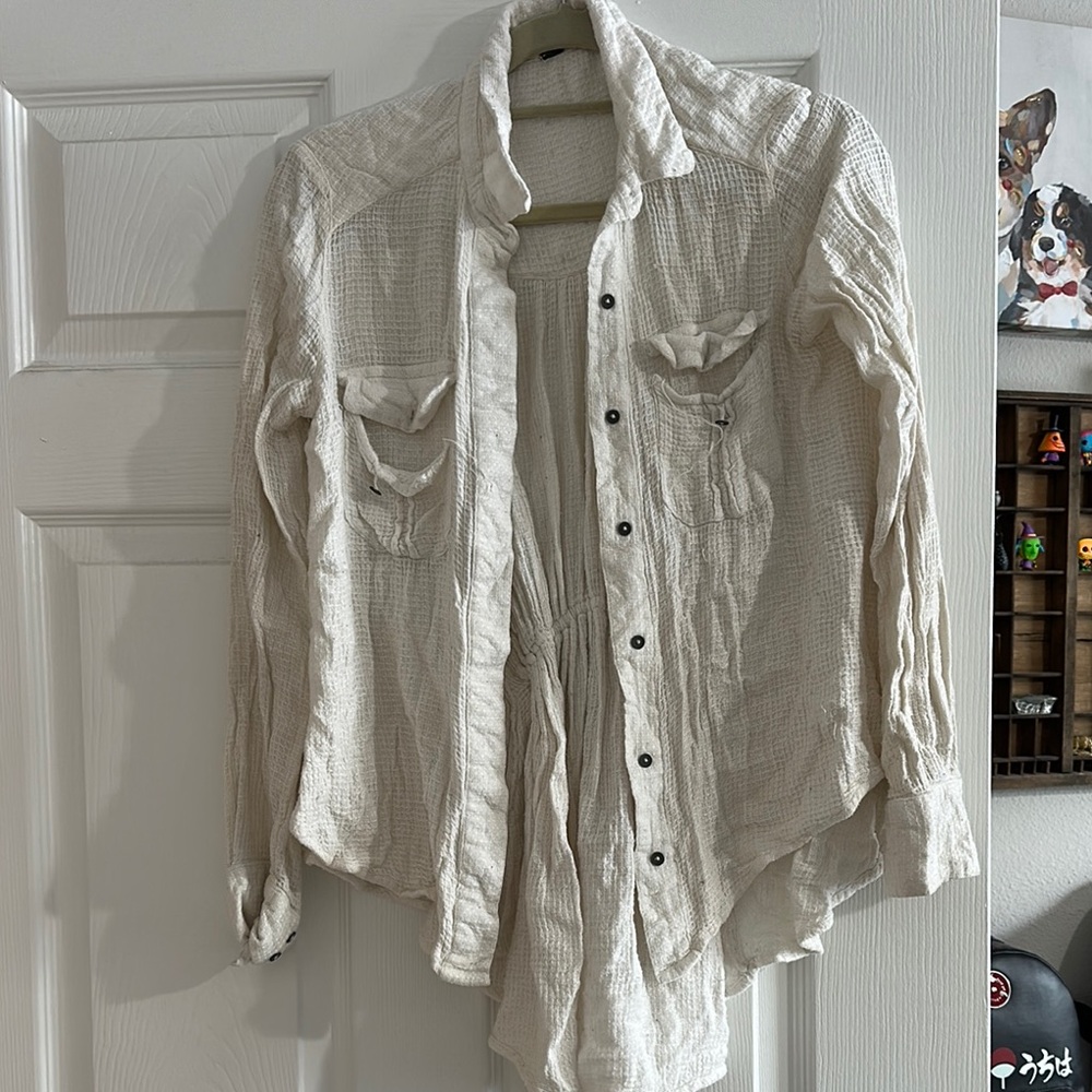 Waffled Texture Free People Cream Button-Up Shirt